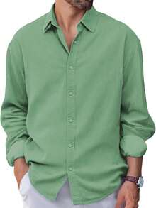 Mens Button Down Shirt Cotton Linen Casual Long Sleeve Shirts Collared Hippie Beach Tops - 綠色 - 查看 1