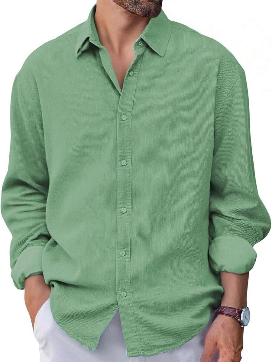 Mens Button Down Shirt Cotton Linen Casual Long Sleeve Shirts Collared Hippie Beach Tops - 綠色 - 查看 1
