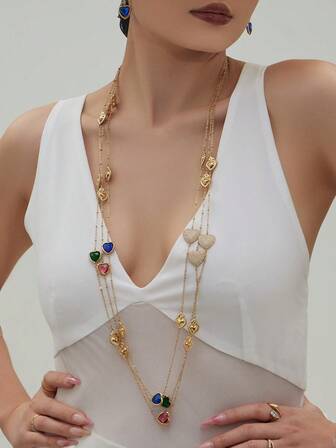 1件女士独特彩色心形多面切割玻璃和不锈钢镶嵌长项链