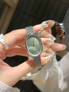 Oval Niche Mother-Of-Pearl Watch For Women Ins Style Light Luxury Temperament High-End Exquisite Versatile Fashion Watch (Silver Case Multi-Color Dial) - 銀色殼綠面 - 查看 3