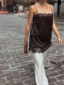 DEEKA Summer New Women's Fashion Elegant Satin Lace Blouse - Coffee Brown - View 2