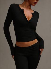 XLLAIS Women's Solid Color Long Sleeve Button Knit Elastic T-Shirt, Spring/Summer Casual Black - Black - View 6