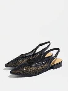 女士时尚网面凉鞋，透气百搭中跟尖头亮片粗跟无后跟绑带优雅包头凉鞋，不累脚 - 黑色 - 查看 17