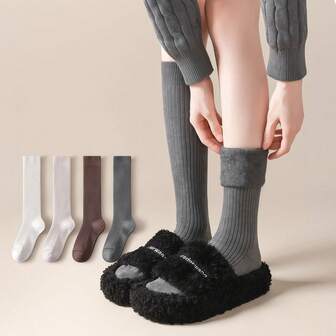 1双纯色冬季加厚保暖毛圈绒小腿袜