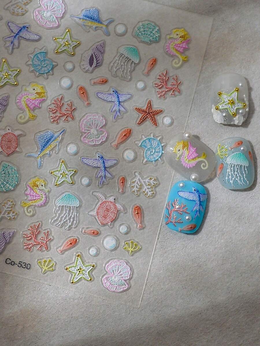 1Pc Sea Breeze, Sea Star, Sea Shell Nail Stickers With 5D Gold Foil And Watermelon-Shaped Mobile Phone Lens Stickers For DIY