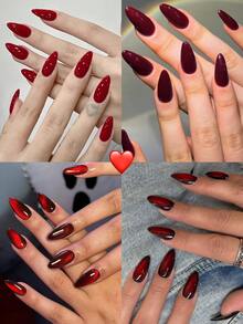 96pcs Glossy Nail Stickers Set, Including 4 Styles: Shiny Red, Y2K Cat Eye, Burgundy, Ombre, Acrylic Nail Art Decals, Elegant Medium Length, Perfect Fit Fake Nails Kit With 1pc Jelly Gel And 1pc Nail File, Suitable For Women And Girls DIY Daily Life And Party Use - Multicolor - View 9