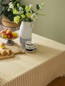 Mantel de poliéster a cuadros | Patrón a cuadros amarillo y blanco | Tejido, con flecos | Adecuado para la decoración del Día de Acción de Gracias y la comida diaria, decoración de restaurantes | Detalle de flecos | Mantel de poliéster - Amarillo - Ver 3