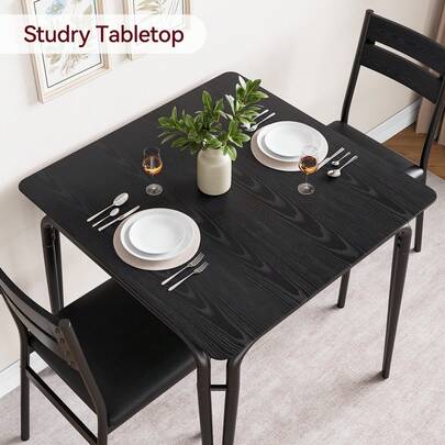 Juego de Comedor para 2 - Mesa de Madera con 2 Sillas Tapizadas y Base de Metal, Diseño Compacto, Color Negro