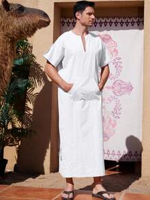 Middle Eastern Ramadan Men's Robe, Drop Shoulder Short Sleeve With Pockets, Extra Long Shirt, Spring/Summer - White - View 3