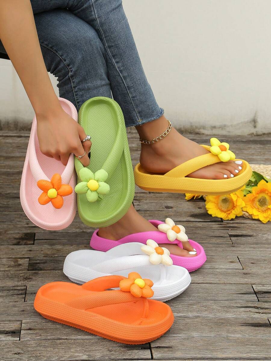 New Arrival Summer New Style Fashion Cute Flower Decoration Flip Flop Sandals Women's & Couple Style Multi-Colors Optional Comfortable & Lightweight Summer Beach Home & Outdoor Sandals - 黃色 - 查看 1