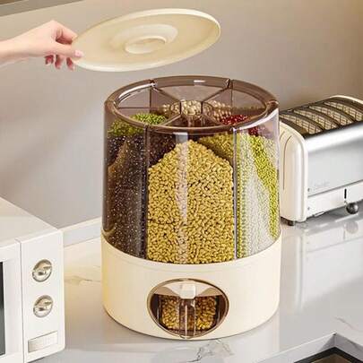 360° Rotating Rice Box - Airtight Dry Food Storage Container, With 6 Independent Compartments, Large Capacity Grain Box, Moisture-Proof Kitchen Food Container,