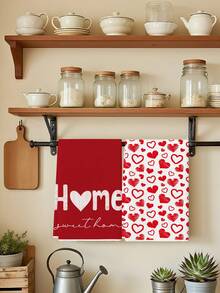 2Pcs Watercolor Red And White Heart Pink LOVE Pattern Farmhouse Farm Decoration Kitchen Towel Dishcloth Holiday Party Supplies Bathroom Hand Towel Suitable For Kitchen, Dining Room, And Dining Table - Red and White - View 4