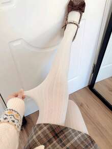 1pc Women's Casual Versatile White Textured Leggings, High Stretch, Retro Pattern Tights, Suitable For Spring And Autumn - milky white - View 7