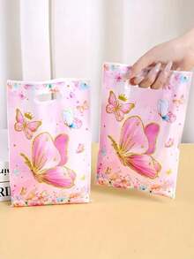 Bolsa de regalo con tema de mariposa, bolsa de regalo de plástico rosa y morado con mariposas y asa, adecuada para fiesta de cumpleaños con tema de mariposa, primer cumpleaños del bebé, fiesta infantil, embalaje de regalo para fiesta de boda - Multicolor - Ver 2
