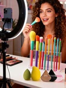 15-Piece Makeup Brush Set, Including 10 Ultra-Soft Dopamine Rainbow Makeup Brushes, 1 Mango Beauty Sponge, 1 Water-Drop-Shaped Beauty Sponge, 3 Triangular Makeup Puffs, And 1 Storage Leather Bag. The Red Brush Handle Is Made Of Crystal Velvet, Soft And Highly Adhesive. It Is Suitable For Professional Makeup Tools Such As Makeup Brushes For Foundation, Powder, Eye Shadow Blending, Etc. - Multicolor - View 2