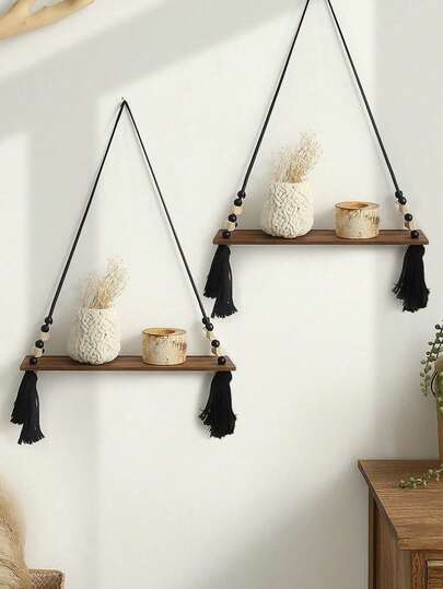 1Pc Macrame Tassel Hanging Wall Bracket,Bohemian Style Wooden Bookshelf,Easy To Install, Versatile Home Decor For All Seasons,Farmhouse Wooden Bead Floating Shelf,Rural Style Hanging Plant Rack-For Bedrooms, Living Rooms, Gardens, Farmhouses, Daycare Centers, And Study Rooms