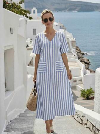 Vestido largo de estilo casual y de vacaciones con bolsillo, con bloques de color y rayas para mujer