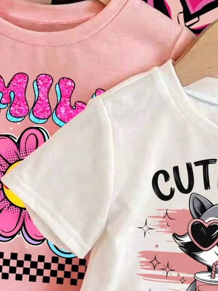 3pcs Toddler Girls' Cartoon Print Short Sleeve Set - Multicolor - View 5