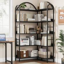 Estantería de Esquina Arqueada de 5 Niveles, Estante Industrial en Forma de L con Marco Metálico, Mueble Multiusos para Sala y Dormitorio - Negro - Ver 1