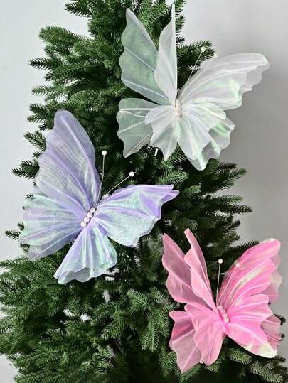 1/3pcs Artificial Floral Butterflies, 12.01inch Large Silk Elegant Artificial 3D Butterfly, For Wedding Decoration, Flower Wall Decor, Outdoor Garden Decoration, Hanging Decor, Store Window, Valentine's Day, Birthday, Theme Party Decoration