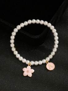 1件精致优雅时尚粉色五瓣花及英文字母锌合金多吊坠仿珍珠手工串珠手链，适合儿童、女孩、家人、朋友、夏季、旅行、街头时尚单品饰品，适合日常装饰、节日生日礼物、儿童饰品 - 粉色 - 查看 2