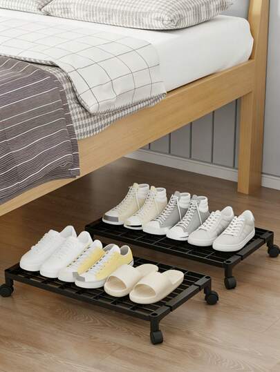 2pcs Movable Shoe Rack With Wheels, Multi-Layer Bed Underbed Storage Organizer, Narrow Design Saves Space, Suitable For Sneakers, Slippers, Dorm, Bedroom, Hidden Space-Saving Storage Shelf, Rolling Shoe Rack