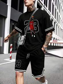 2025 新款男士印花圆领短袖 T 恤和短裤套装，夏季 - 黑色 - 查看 1