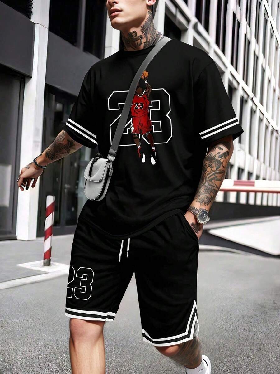 2025 新款男士印花圆领短袖 T 恤和短裤套装，夏季 - 黑色 - 查看 1