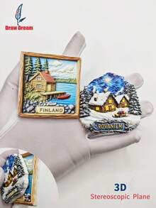 芬兰3D冰箱贴，湖畔小屋+星空下的雪景小屋，世界旅行纪念品收藏，旅行装饰磁贴，适用于家居、办公室、个性化旅行纪念品、厨房、房间、橱柜、工艺礼品、节日纪念品 - 彩色 - 查看 3