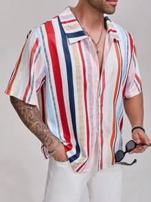 1pc Men's Contrast Color Red & White Striped Textured Polo Collar Single-Breasted Short Sleeve Shirt, Fashionable & Versatile Casual/Work Wear, Elegant For Holiday Parties, Suitable Gift For Father, Boyfriend, Dad, Friends - Red - View 7