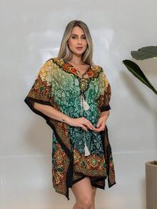 KIARA BRAZIL Women's Short Printed Boho Chic Dress | Loose Kaftan With Tie And V-Neck – Summer - AE-25111 - 綠色 - 查看 3