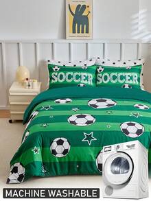 2/3pcs Set Green Football Sports Pattern Digital Print Duvet Cover Set, Modern Cartoon Children & Teens Bedding Set, Soft & Breathable, Machine Washable, All Season, (1 Duvet Cover + 1/2 Pillowcase, Excluding Filler)
