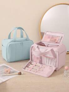 1 pieza Bolsa de maquillaje grande y esponjosa con cremallera, de gran capacidad y multifuncional para viajes de mujer, organizador de cosméticos profesional con compartimentos ajustables y clasificados, portaestuches y portapinceles, material impermeable, fácil de limpiar, bolsa de aseo multifuncional para viajes - Multicolor - Ver 7