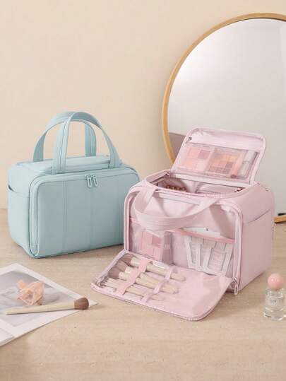 1 pieza Bolsa de maquillaje grande y esponjosa con cremallera, de gran capacidad y multifuncional para viajes de mujer, organizador de cosméticos profesional con compartimentos ajustables y clasificados, portaestuches y portapinceles, material impermeable, fácil de limpiar, bolsa de aseo multifuncional para viajes