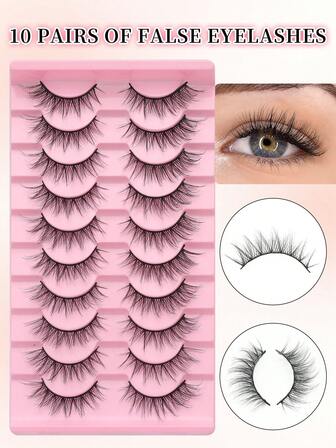 10 pares de pestañas postizas de ojo de gato, juego completo de pestañas postizas, pestañas postizas extra largas, pestañas postizas de pelo de marta 3D, pestañas postizas esponjosas naturales, pestañas postizas de estilo natural, maquillaje, efecto esponjoso 3D, adecuado para varias ocasiones, pestañas postizas de estilo anime