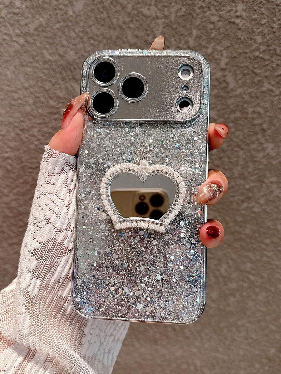 Luxury Shiny Sequin Silver Phone Case With Crown Mirror, Compatible With Iphone 17 Pro Max/17 Pro/17 Air/17/16 Pro Max/16 Pro/16/16 Plus/15/15 Pro Max/15 Pro/15 Plus/11/12/13/14 Pro Max/11 Pro/11 Pro Max/12 Pro/12 Pro Max/13 Pro/13 Pro Max/14 Pro/14 Pro Max, Full Coverage Anti-Drop Hard Shell