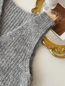 1pc Solid Color V-Neck Single-Breasted Knit Cardigan Vest Sleeveless Sweater For Women, Versatile For Commuting - Grey - View 6