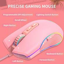 IULONEE Ratón tipo C USB C con cable para juegos ergonómico 4 RGB retroiluminado 3200 DPI compatible con M@c Matebook Comebook HP OMEN Windows PC portátil y más dispositivos USB tipo C -0002 - Rosado - Ver 3