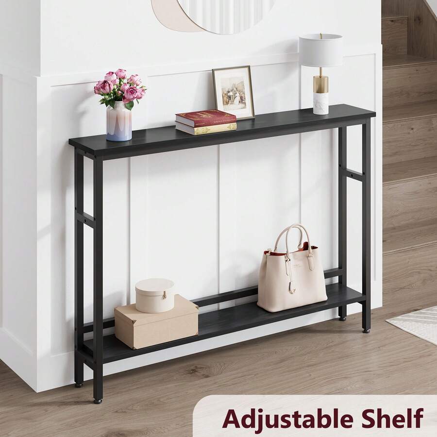 Narrow 15 Cm Coffee Table, Narrow Console Table With Two Levels And Adjustable Shelf, Slim Side Table Behind The Sofa For Living Room, Entrance Area, Hallway, Foyer - màu đen - Xem 1