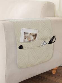 1pc Plain Sofa Armrest Cover With Pocket, Non-Slip Sofa Armrest Protector, Hanging Storage Bag For Remote Control And Phone