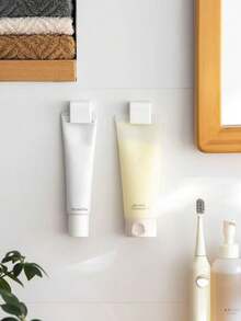 1pc Wall-Mounted Toothpaste Holder, No Drilling Required, Can Be Used To Store Facial Cleanser, Toothpaste, Bathroom/Toilet Storage, With Hook, Hanging, Multifunctional Bathroom Wall Storage Rack With Toothpaste Clip - White - View 5