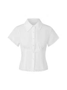 Women Lace Trim Summer Blouse Slim Fit Collared Short Sleeve Button-Up Crop Casual Tops - White - View 1