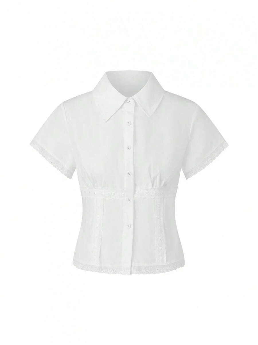 Women Lace Trim Summer Blouse Slim Fit Collared Short Sleeve Button-Up Crop Casual Tops - White - View 1
