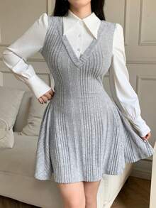 abyoxi Đầm ngắn dáng chữ A ôm sát, màu xám, cổ áo sơ mi phối hai mảnh, kiểu dáng thanh lịch, thích hợp cho công sở, đi làm, mùa xuân thu. - Màu Xám nhạt - Xem 6