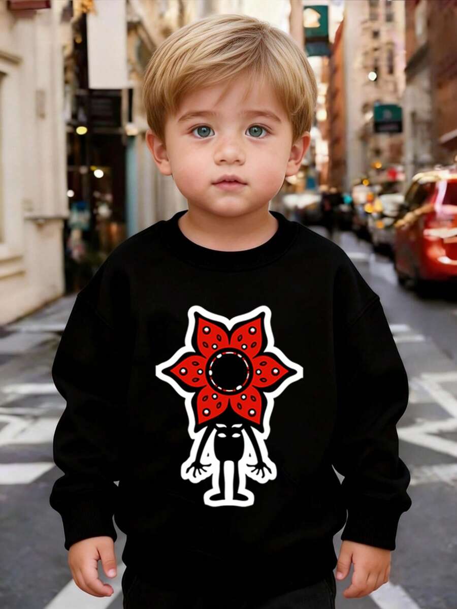 Girls' Demogorgon Graphic Sweatshirt,Crew Neck Long Sleeve Pullover, Print Top, Casual Streetwear For Kids & Teens - 黑色 - 查看 1