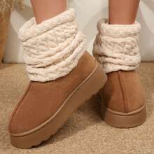 Short Knit Cuff Snow Boots Faux Furry Boot Upper Platform Sole Warm Lining Warm Boots Shoes Snow Boots Ankle Boots Outdoor Winter Boots For Women - 棕色 - 查看 9