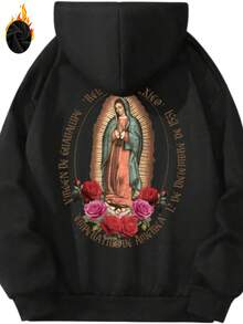 Women's Virgin Mary & Print Hooded Sweatshirt - Loose Fit Catholic Iconic Religious Apparel, Spring/Fall Pullover Sweater, Washable Casual Wear - màu đen - Xem 7