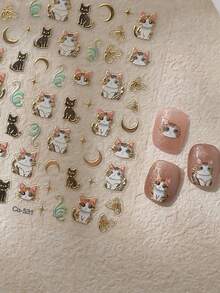 1Pc 5D Nail Art Stickers Black/Golden Cat Moon Star Manicure Decal For Girls - Multicolor - View 3