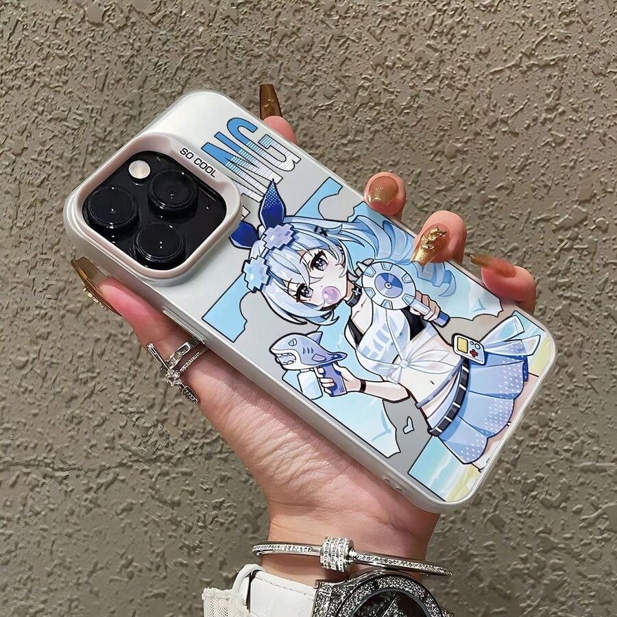 Personalidad Creativa Funda de Teléfono para Apple 17 Air 16 16e 15 14 13 12 11 Pro Max X XR XSMAX 8 7 Plus Color Azul y Blanco, Chica de Pelo Corto con Traje de Baño Azul y Blanco Sosteniendo Pistola de Agua, Carcasa Dura Mate Plateada de Moda Personalidad Creativa - Colores mezclados - Ver 1