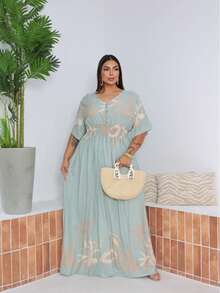 Women's Plus Size Printed Maxi Dress With Buttons Covered In Viscose Linen. - 寧靜藍 - 查看 1